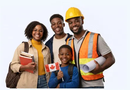 Une famille et des travailleurs souriants, prêts pour leur projet au Canada