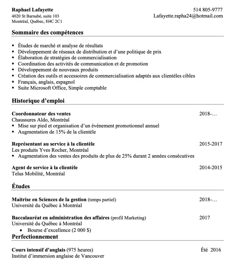 Modèle de CURRICULUM VITAE (CV) pour un emploi au Canada.  ENLOJA