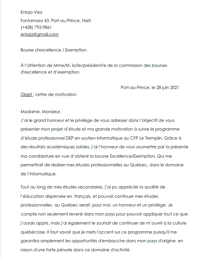 MODÈLE DE LETTRE MOTIVATION POUR BOURSES D'EXCELLENCE AU ...